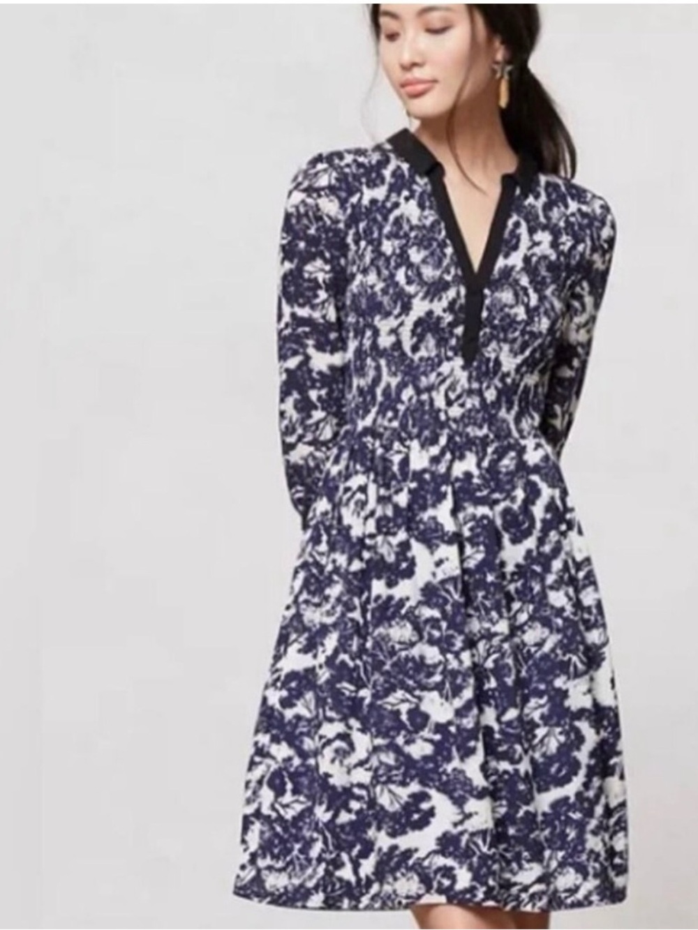 Edem & Esyllte by Anthro Navy and White Floral Long-Sleeve V-Neck Dress 0
